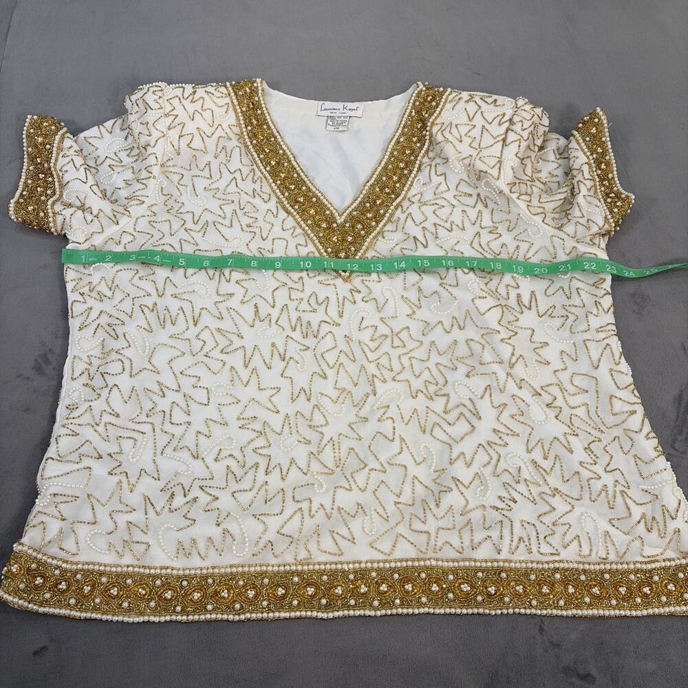 Laurence Kazar Ivory & Gold Sequined Beaded Pearl Silk Blouse Luxury XXL Charity - Picture 4 of 10